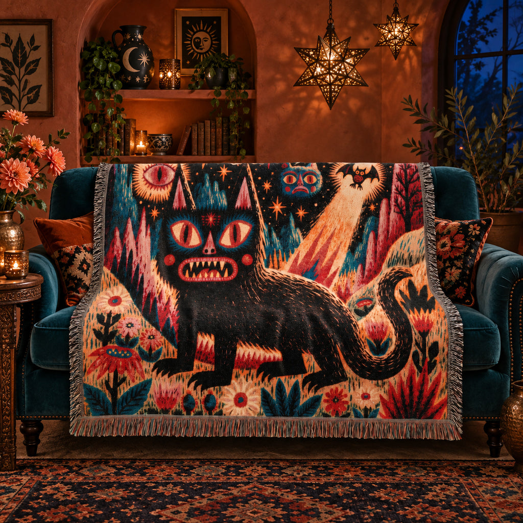 Mystical Black Cat Halloween Woven Blanket – Folk Art Eyes, Stars & Flowers