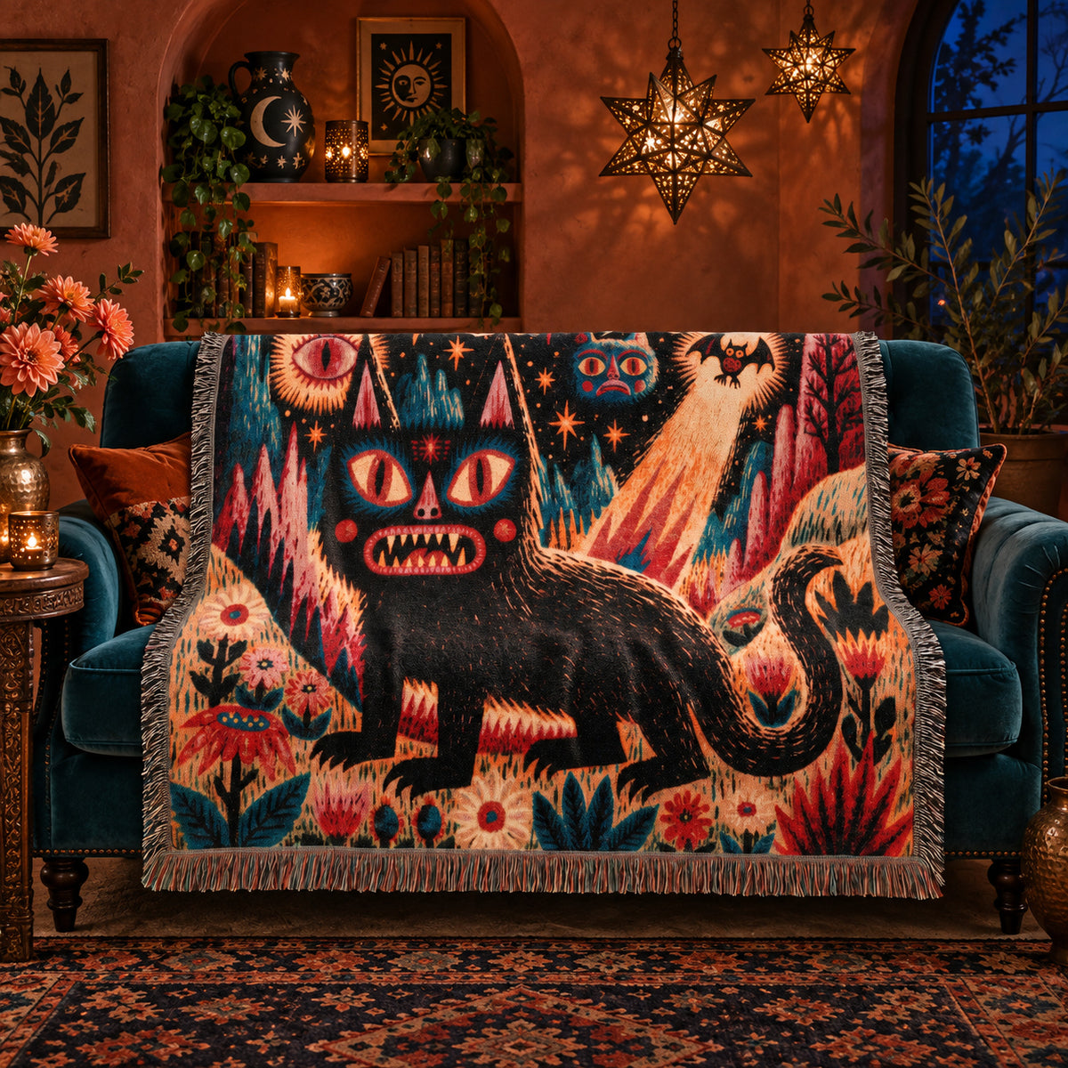 Mystical Black Cat Halloween Woven Blanket – Folk Art Eyes, Stars & Flowers