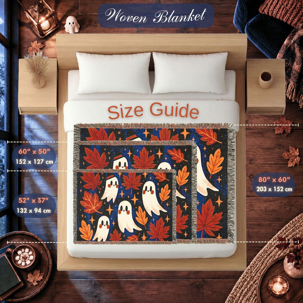Cute Ghost Halloween Woven Blanket – Autumn Leaves & Spooky Fall Art
