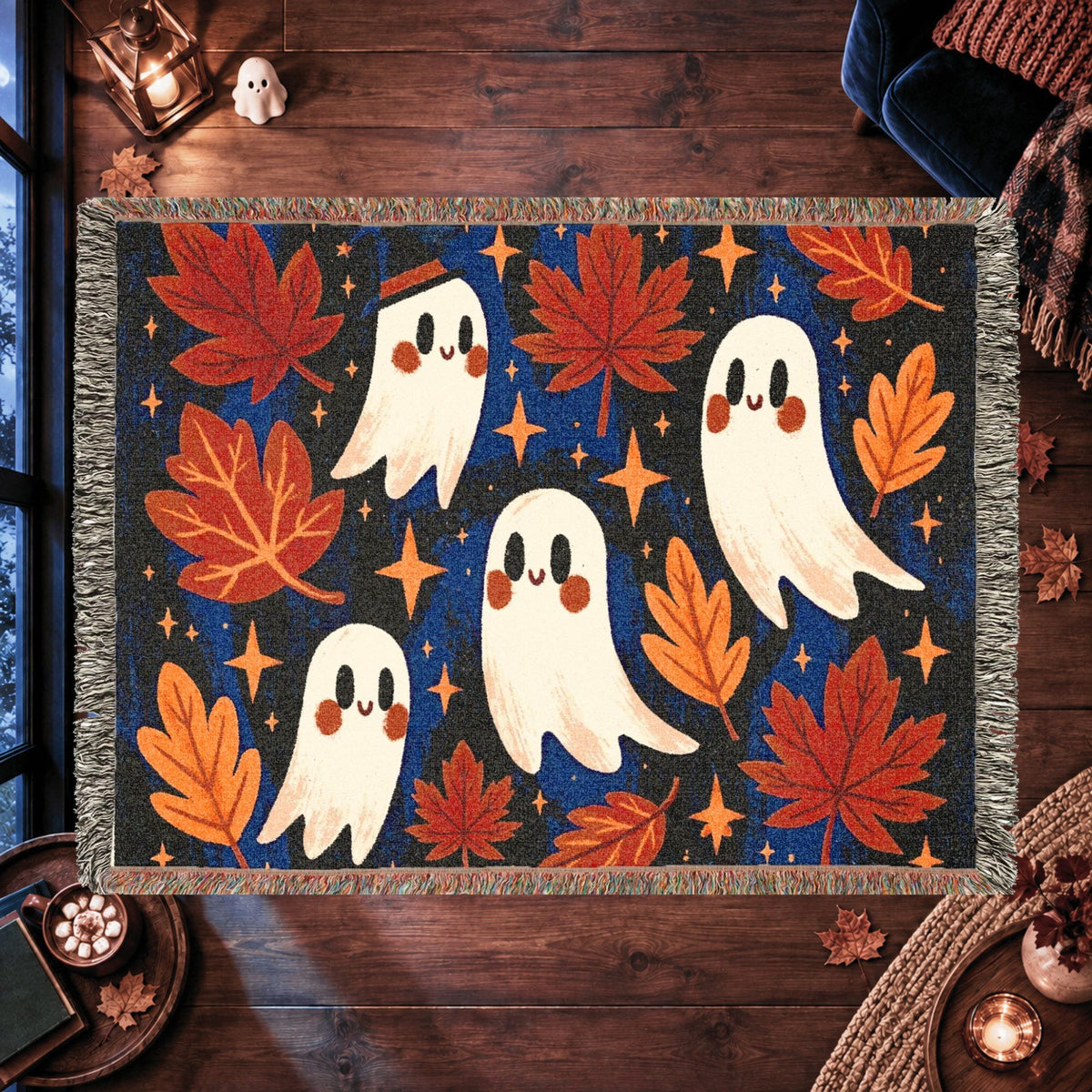 Cute Ghost Halloween Woven Blanket – Autumn Leaves & Spooky Fall Art