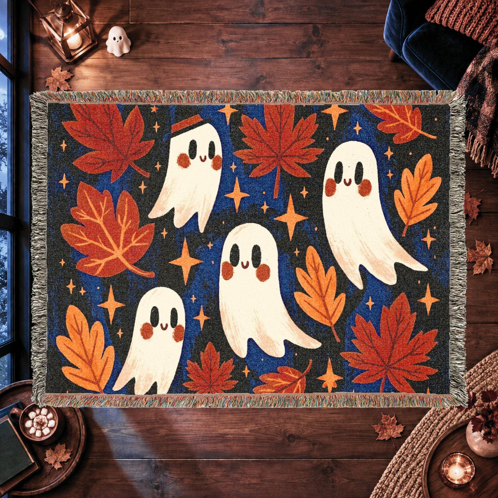 Cute Ghost Halloween Woven Blanket – Autumn Leaves & Spooky Fall Art
