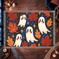 Cute Ghost Halloween Woven Blanket – Autumn Leaves & Spooky Fall Art