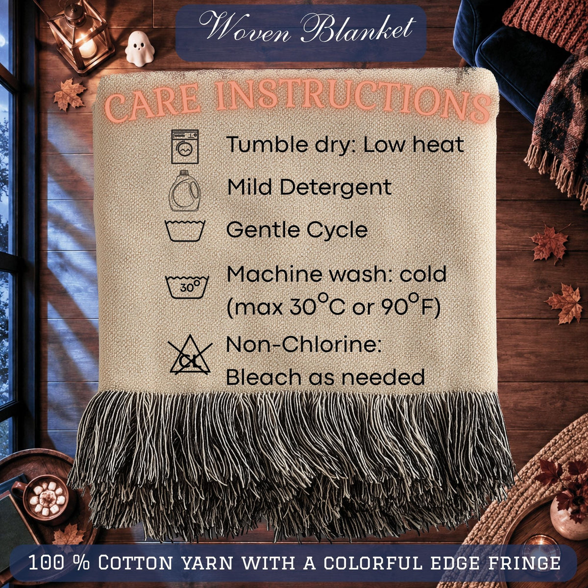 Cute Ghost Halloween Woven Blanket – Autumn Leaves & Spooky Fall Art