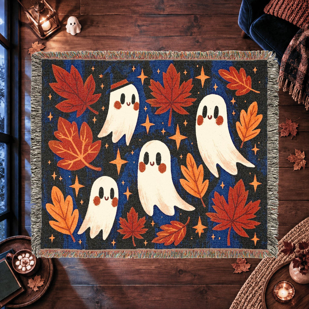 Cute Ghost Halloween Woven Blanket – Autumn Leaves & Spooky Fall Art