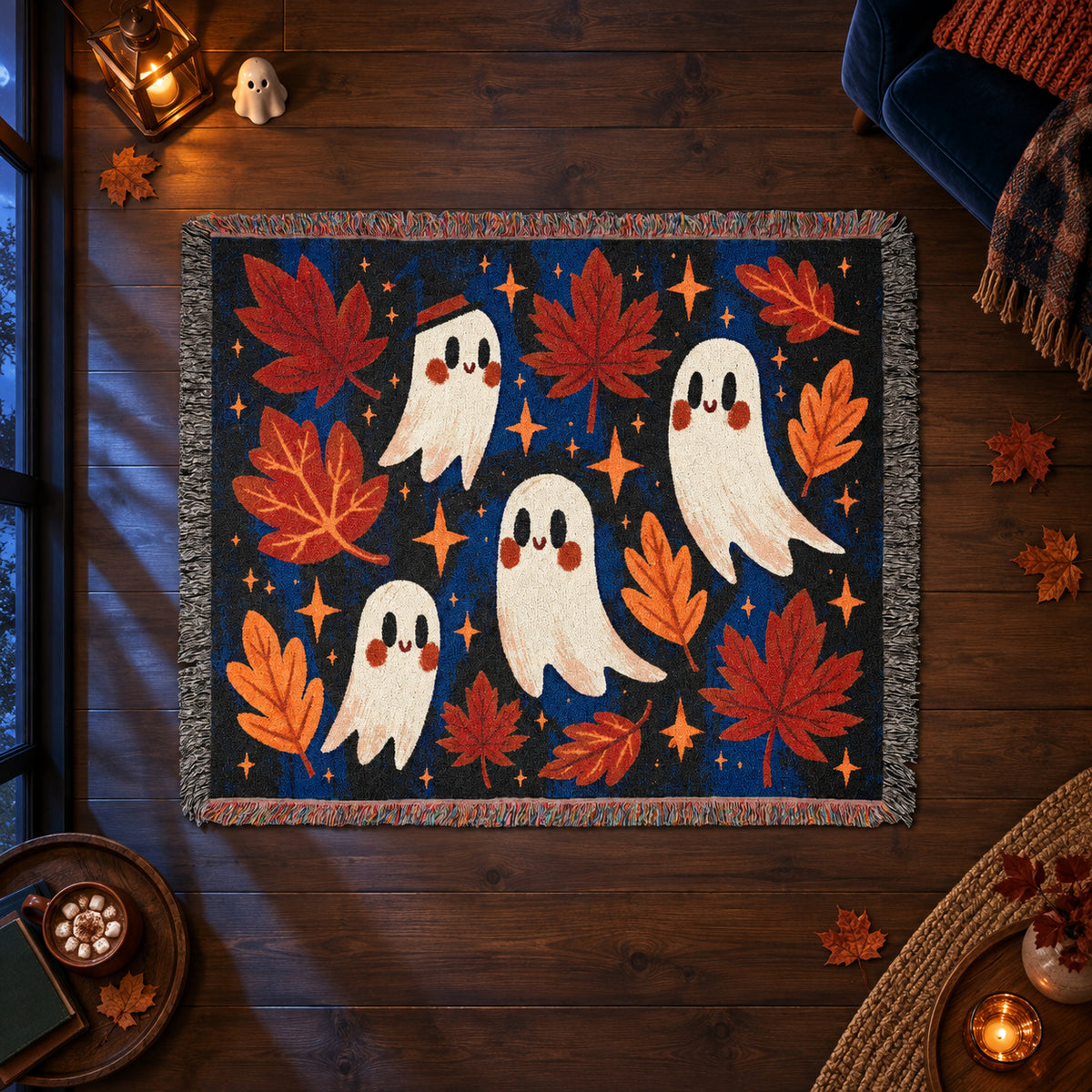 Cute Ghost Halloween Woven Blanket – Autumn Leaves & Spooky Fall Art