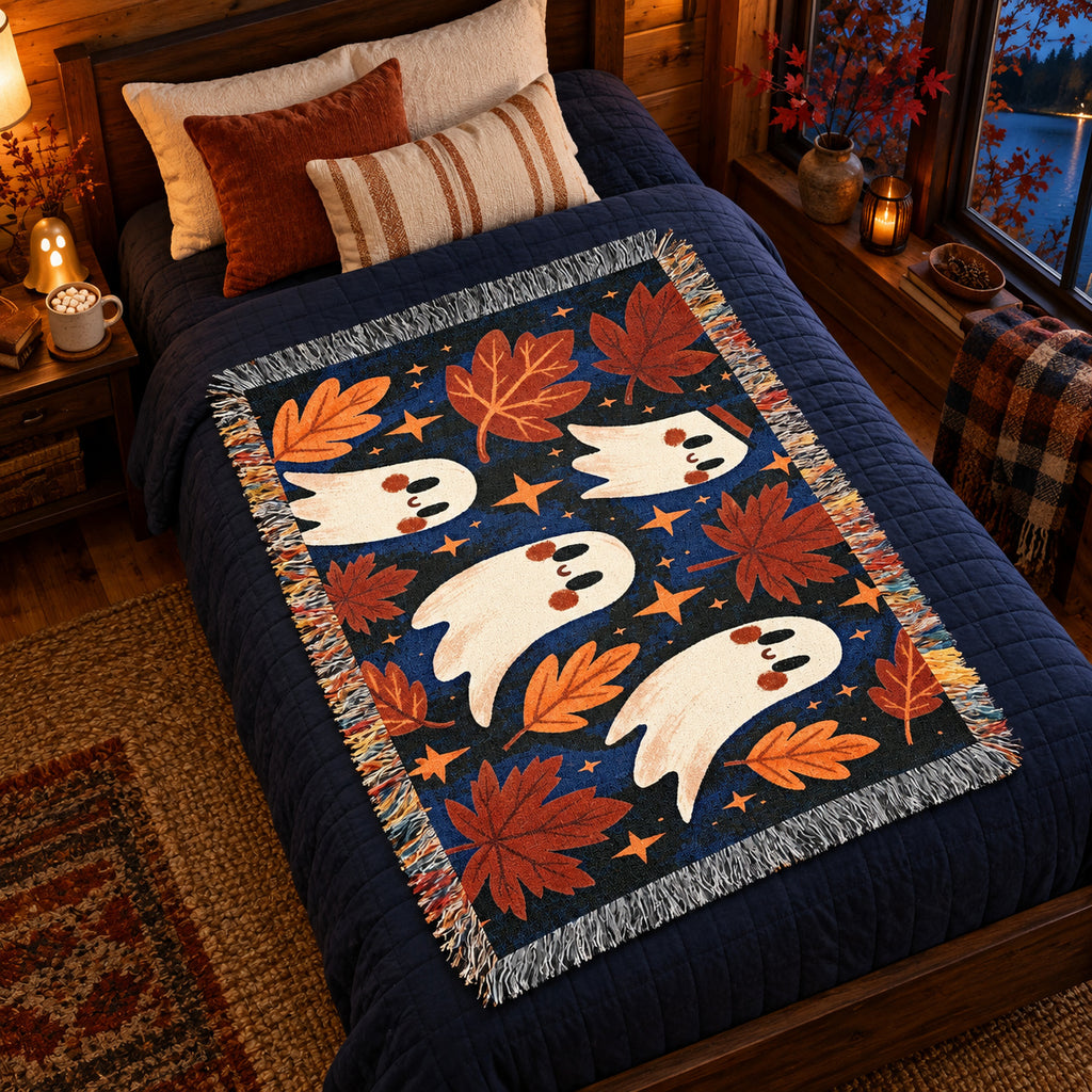 Cute Ghost Halloween Woven Blanket – Autumn Leaves & Spooky Fall Art