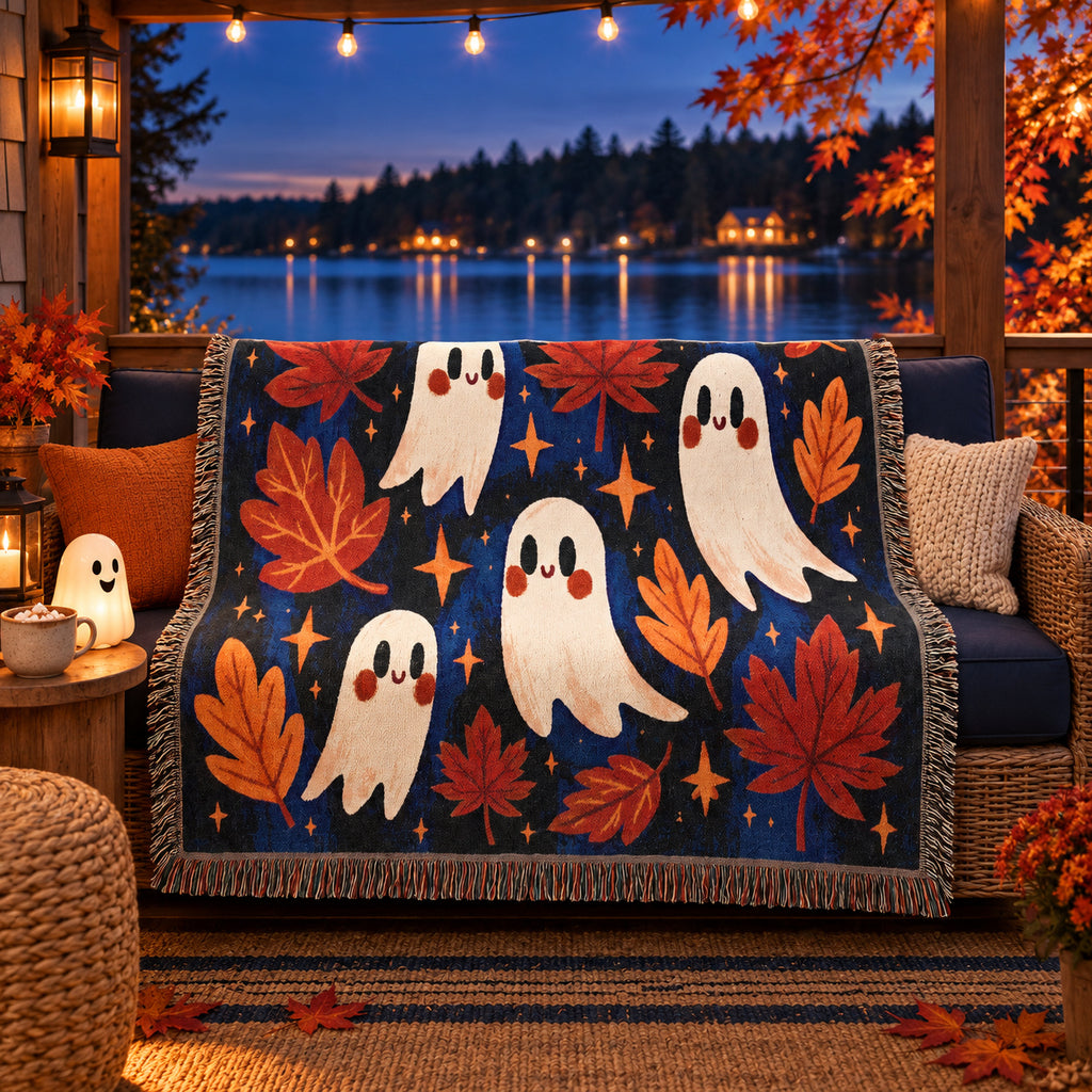 Cute Ghost Halloween Woven Blanket – Autumn Leaves & Spooky Fall Art