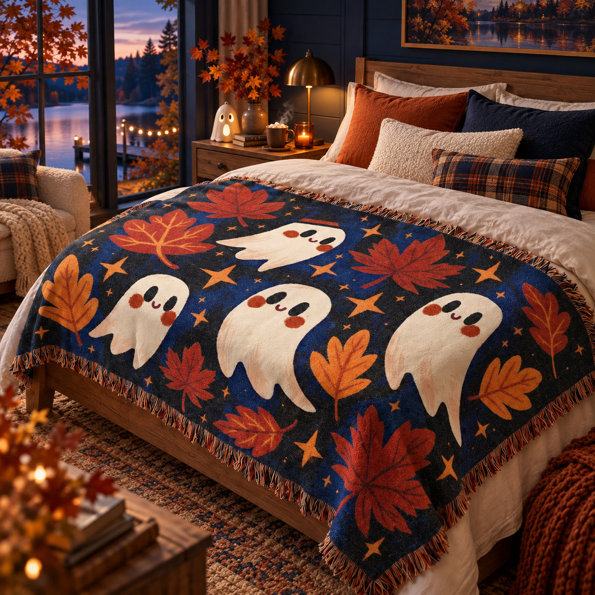 Cute Ghost Halloween Woven Blanket – Autumn Leaves & Spooky Fall Art