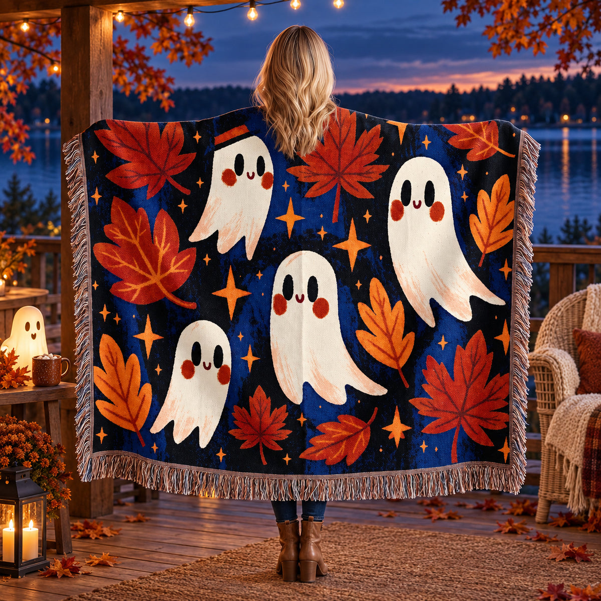 Cute Ghost Halloween Woven Blanket – Autumn Leaves & Spooky Fall Art