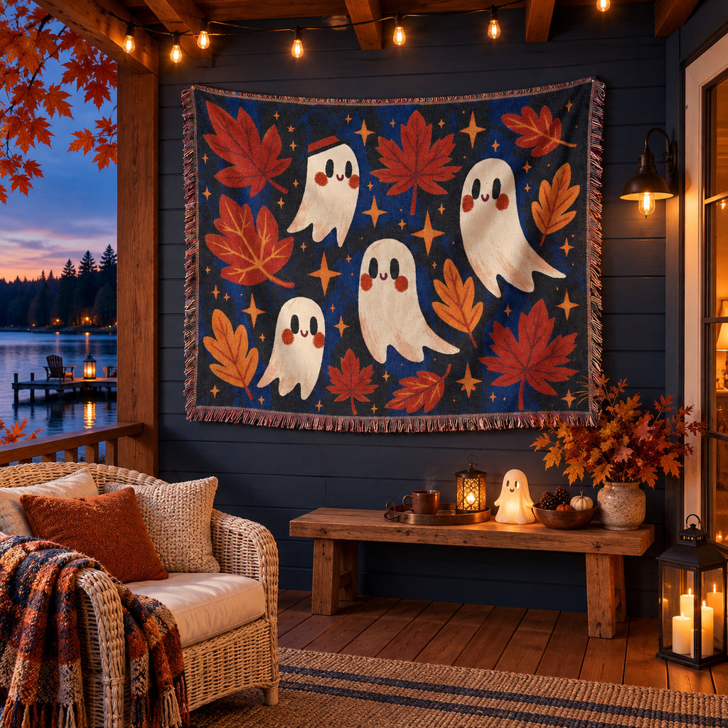 Cute Ghost Halloween Woven Blanket – Autumn Leaves & Spooky Fall Art