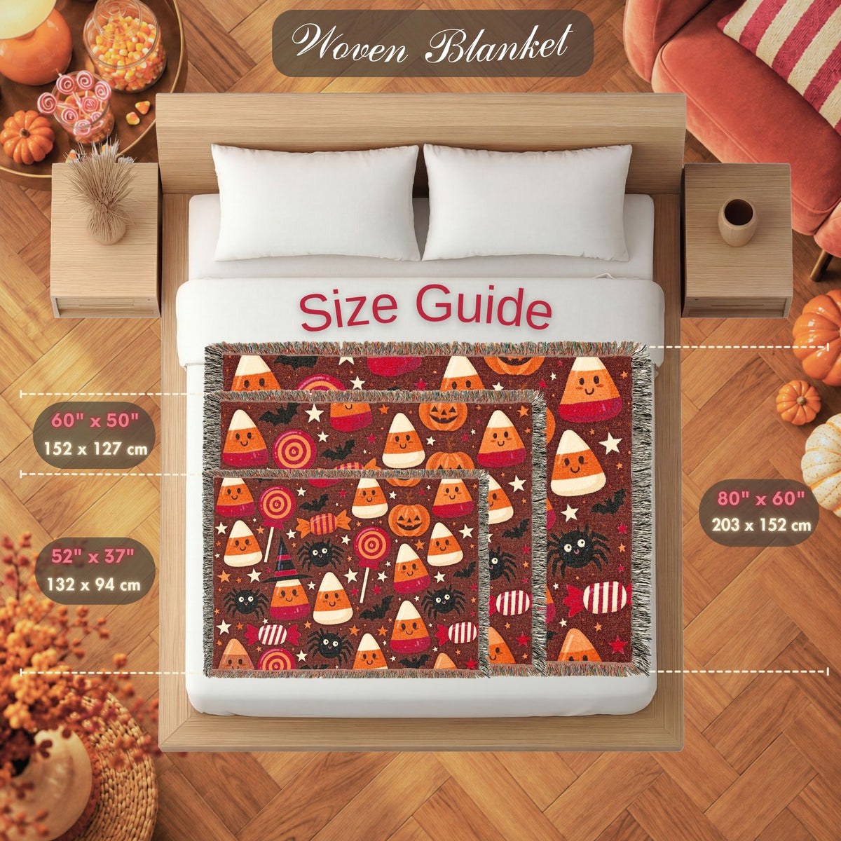 Cute Halloween Candy Corn Woven Blanket with Pumpkins and Spiders