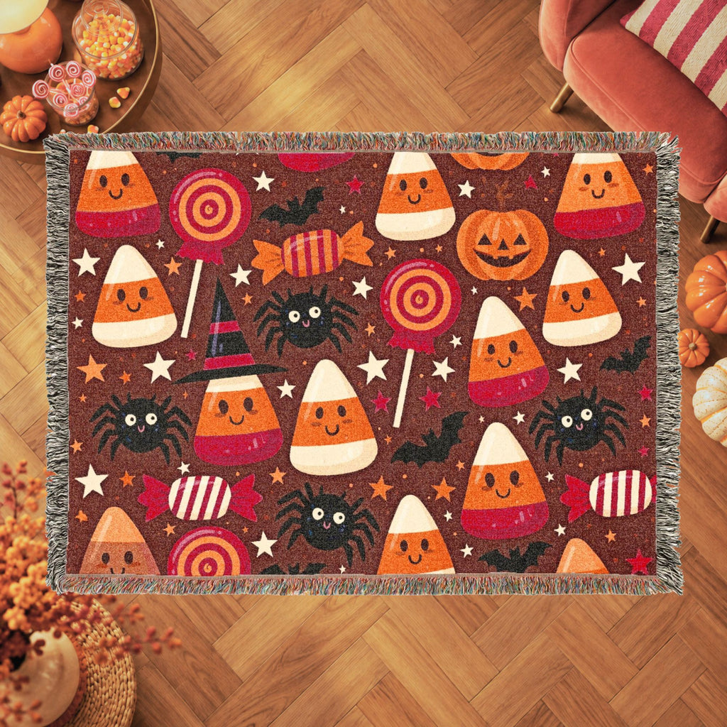 Cute Halloween Candy Corn Woven Blanket with Pumpkins and Spiders