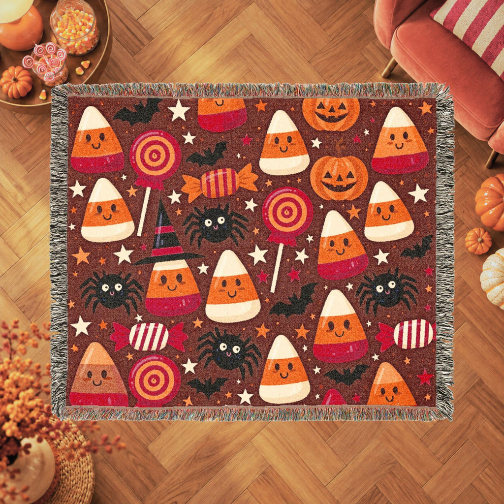 Cute Halloween Candy Corn Woven Blanket with Pumpkins and Spiders