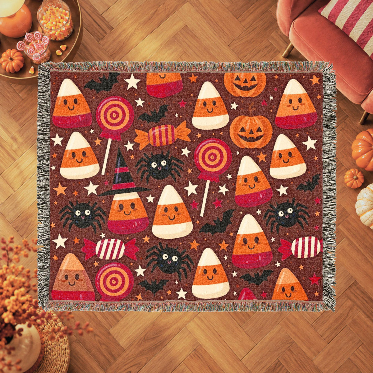 Cute Halloween Candy Corn Woven Blanket with Pumpkins and Spiders
