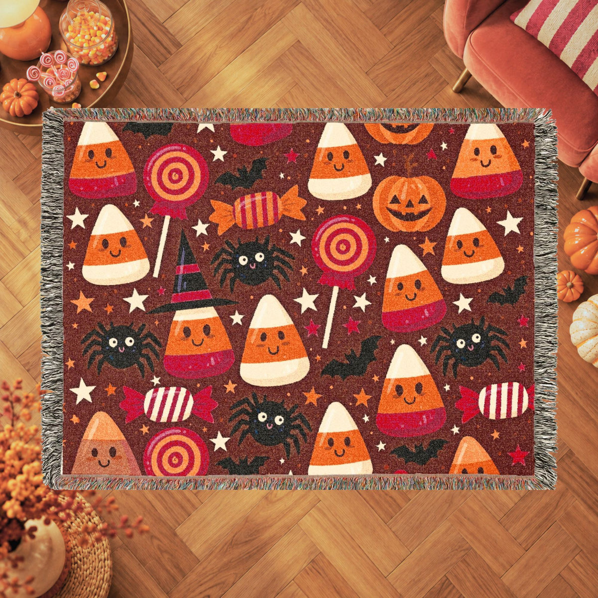 Cute Halloween Candy Corn Woven Blanket with Pumpkins and Spiders
