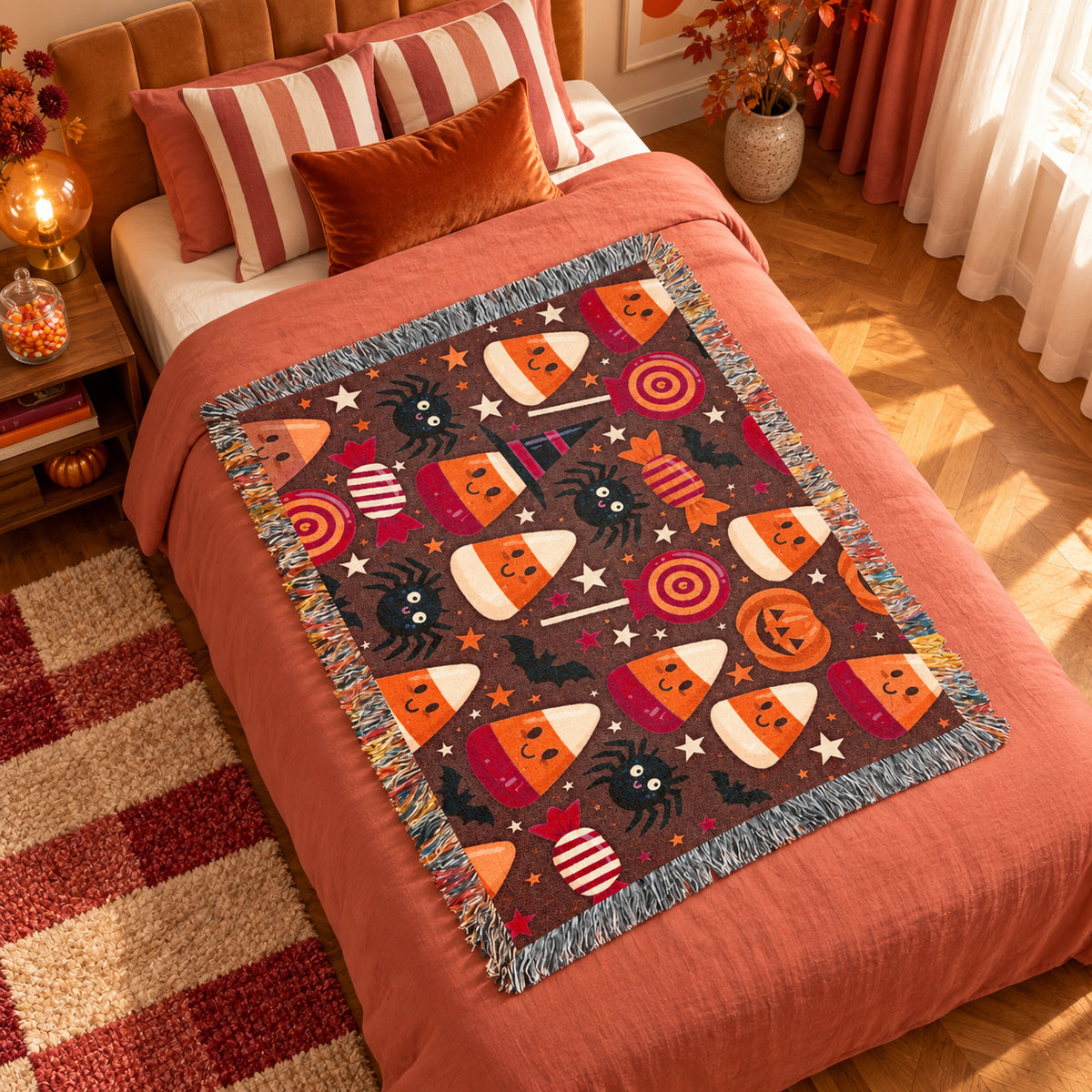 Cute Halloween Candy Corn Woven Blanket with Pumpkins and Spiders