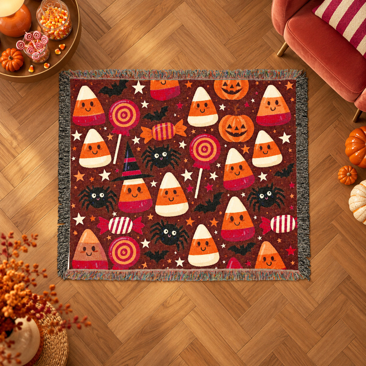 Cute Halloween Candy Corn Woven Blanket with Pumpkins and Spiders