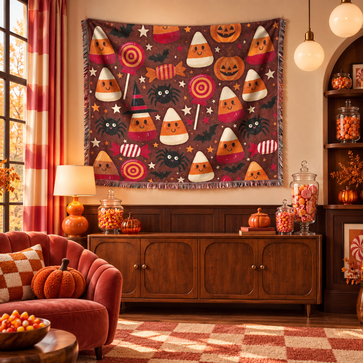 Cute Halloween Candy Corn Woven Blanket with Pumpkins and Spiders