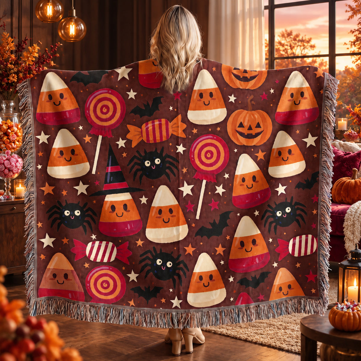 Cute Halloween Candy Corn Woven Blanket with Pumpkins and Spiders