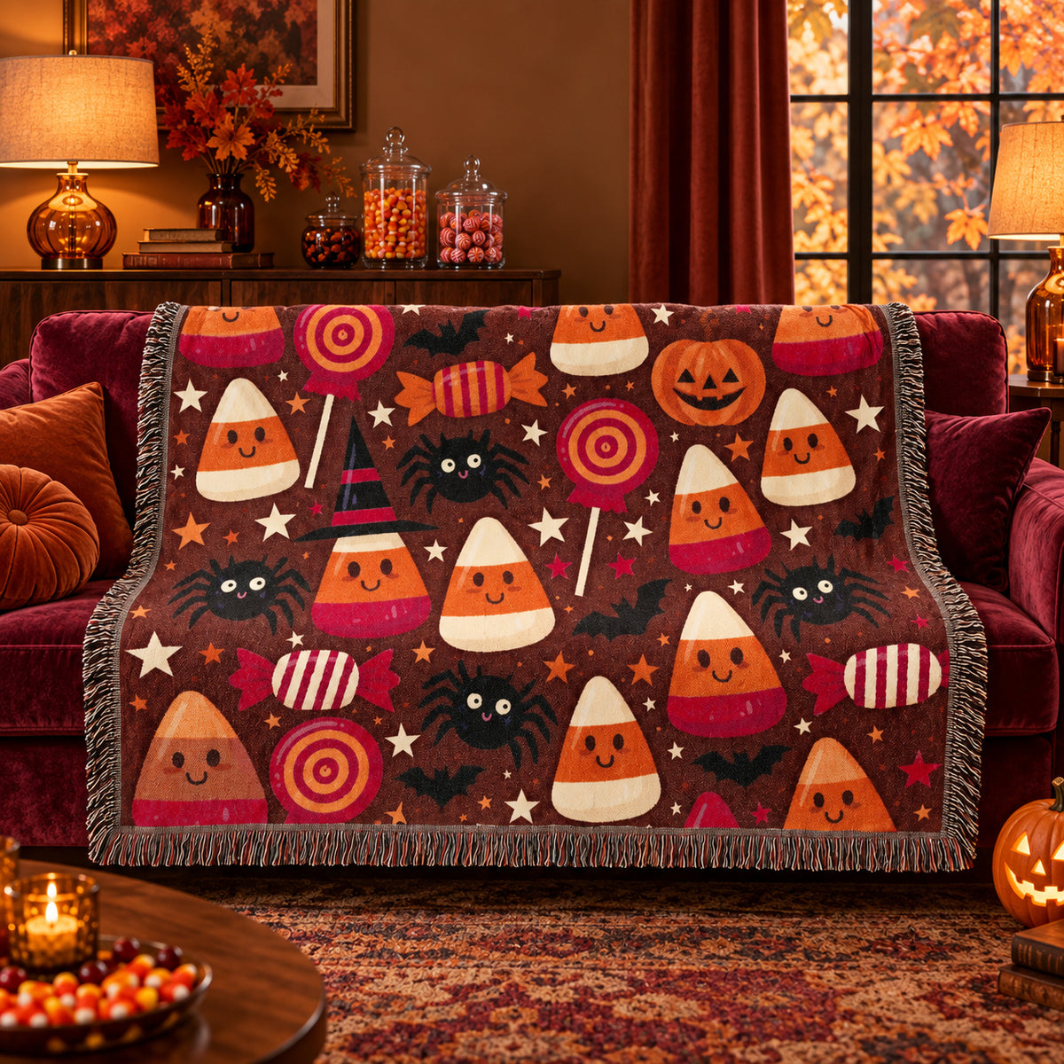 Cute Halloween Candy Corn Woven Blanket with Pumpkins and Spiders