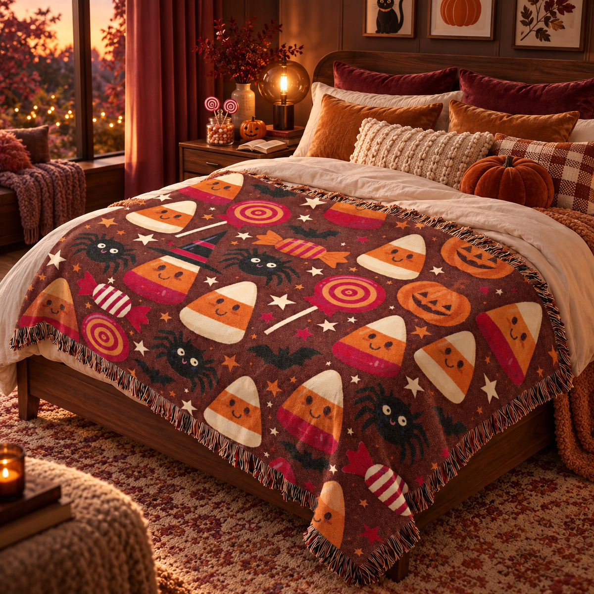 Cute Halloween Candy Corn Woven Blanket with Pumpkins and Spiders