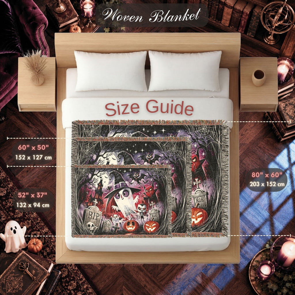 Cute Ghost Halloween Woven Blanket with Haunted House and Pumpkins