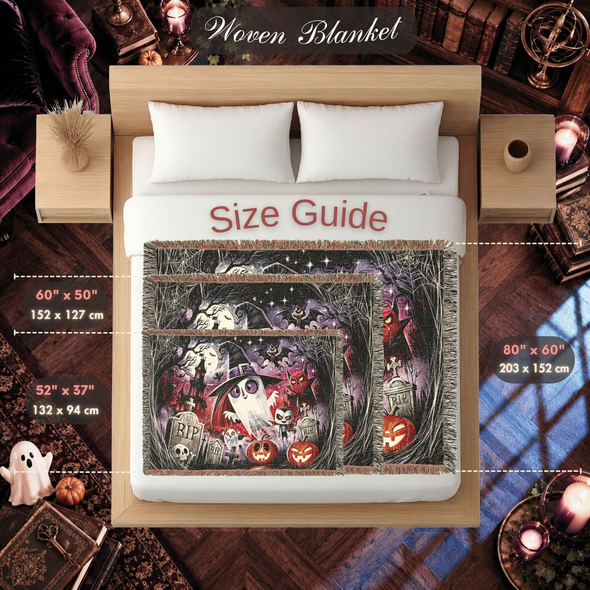 Cute Ghost Halloween Woven Blanket with Haunted House and Pumpkins