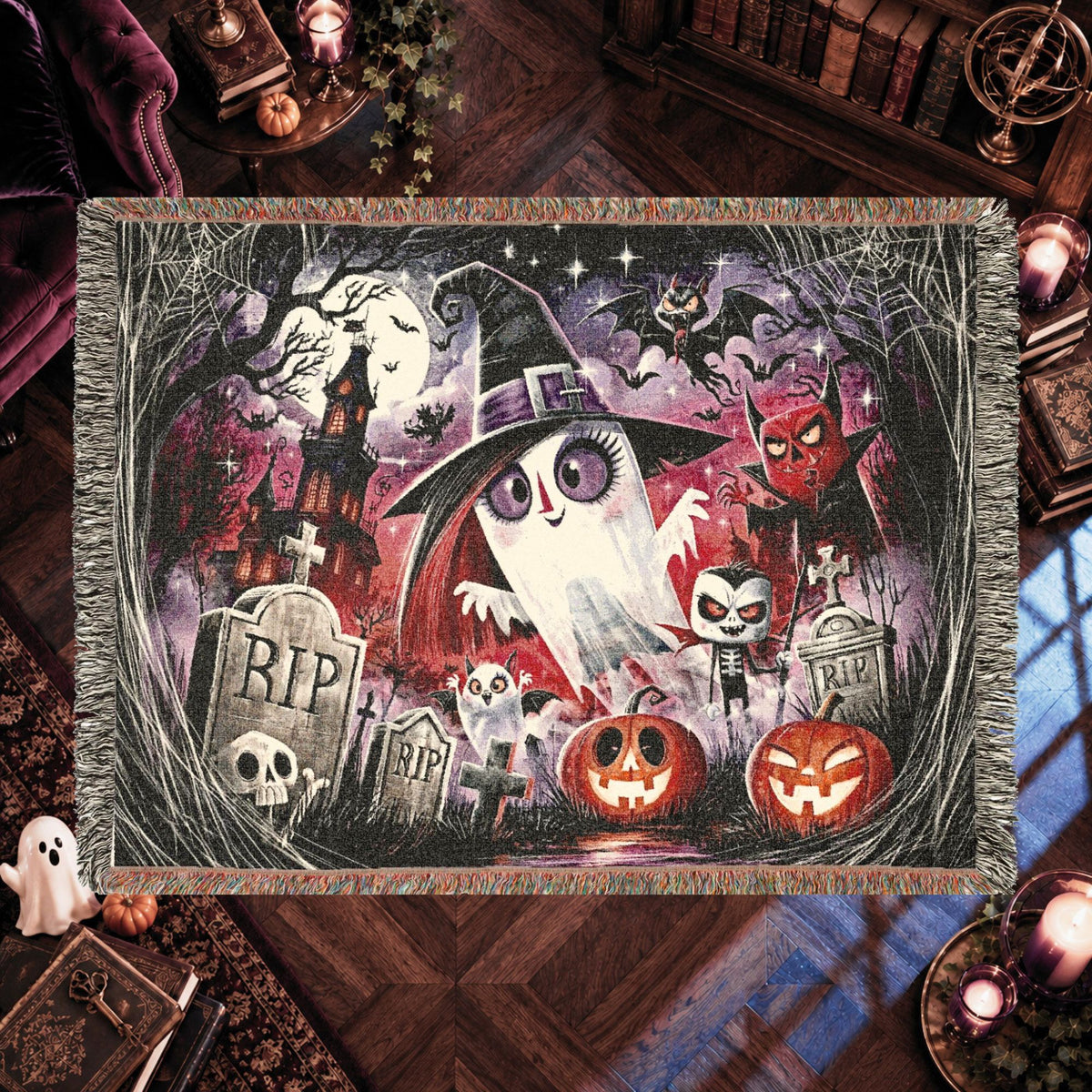 Cute Ghost Halloween Woven Blanket with Haunted House and Pumpkins