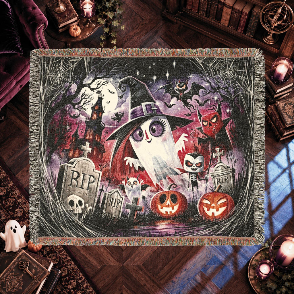 Cute Ghost Halloween Woven Blanket with Haunted House and Pumpkins