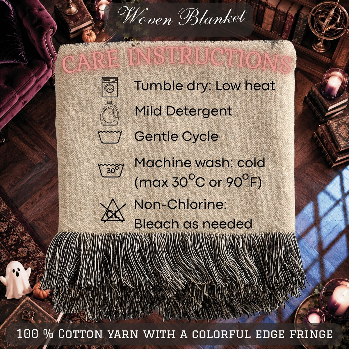 Cute Ghost Halloween Woven Blanket with Haunted House and Pumpkins