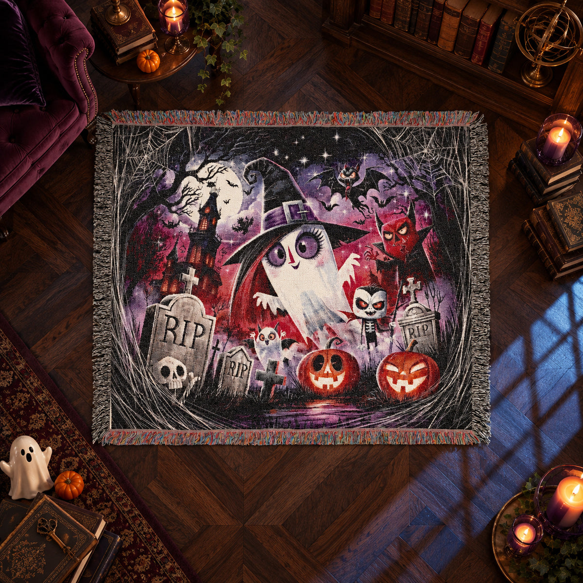 Cute Ghost Halloween Woven Blanket with Haunted House and Pumpkins