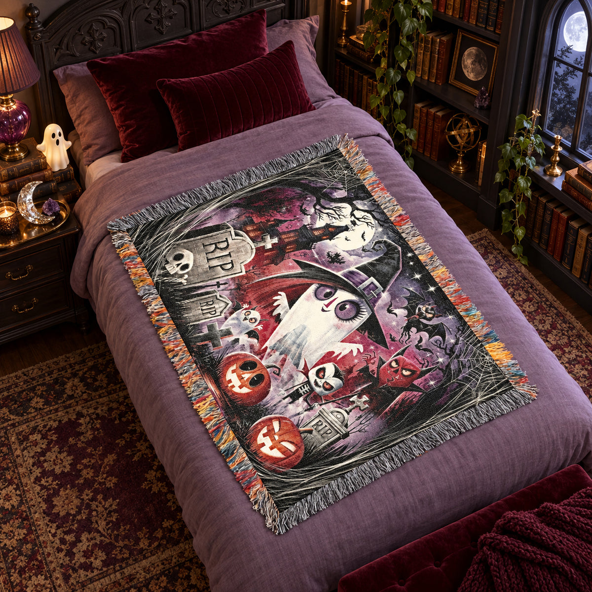 Cute Ghost Halloween Woven Blanket with Haunted House and Pumpkins