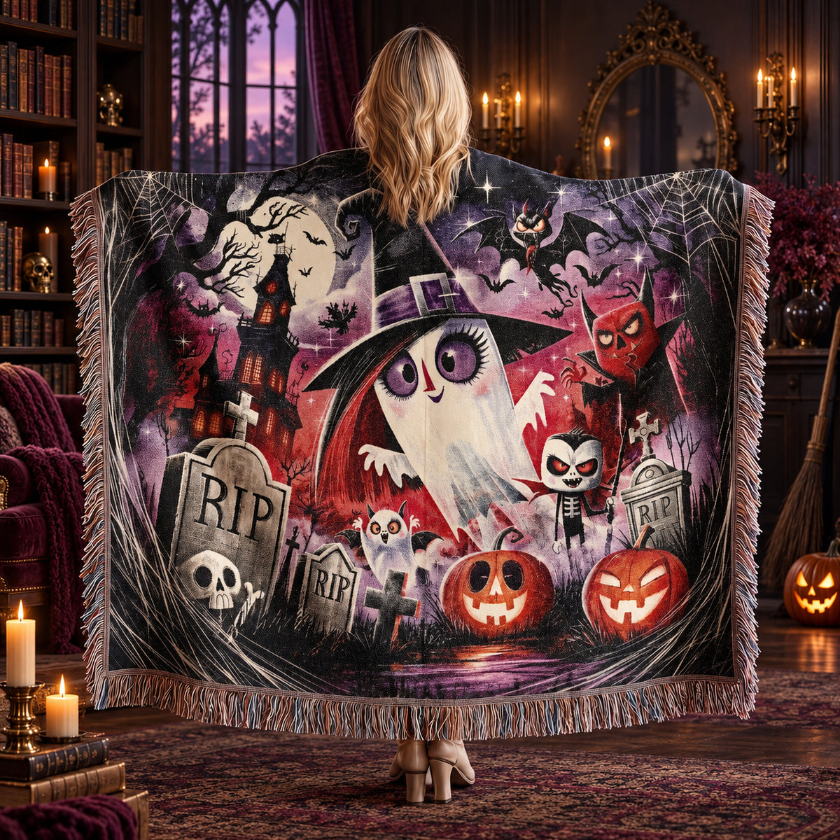 Cute Ghost Halloween Woven Blanket with Haunted House and Pumpkins