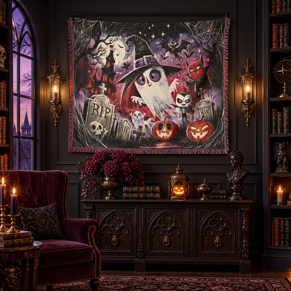 Cute Ghost Halloween Woven Blanket with Haunted House and Pumpkins