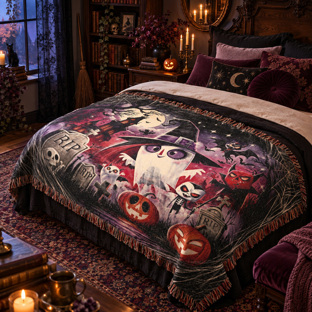 Cute Ghost Halloween Woven Blanket with Haunted House and Pumpkins