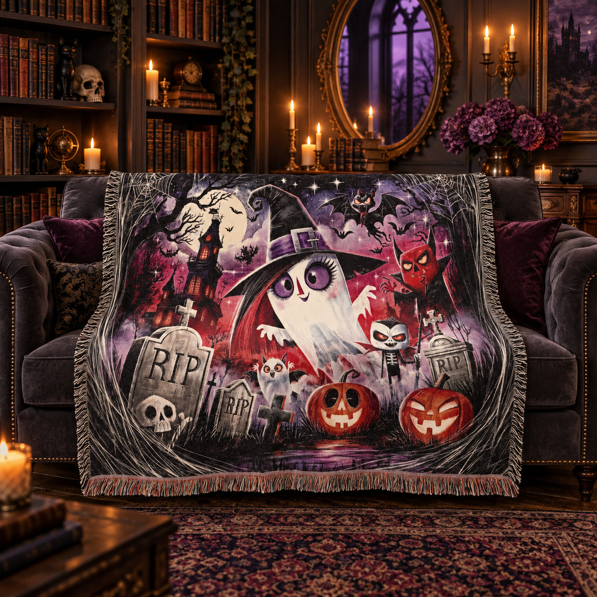 Cute Ghost Halloween Woven Blanket with Haunted House and Pumpkins