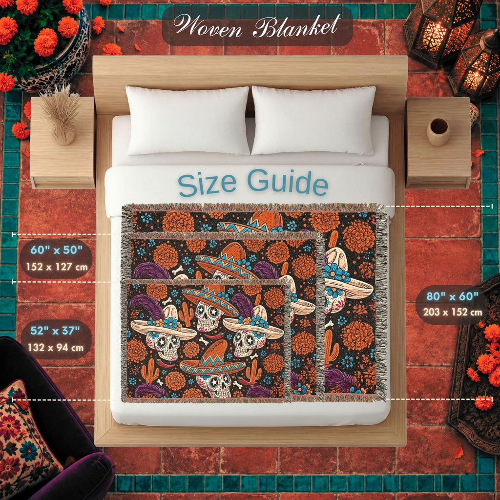 Day of the Dead Sugar Skull Woven Blanket with Sombreros and Marigolds