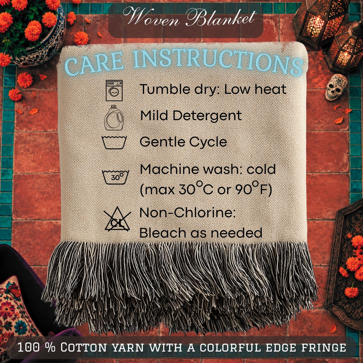 Day of the Dead Sugar Skull Woven Blanket with Sombreros and Marigolds