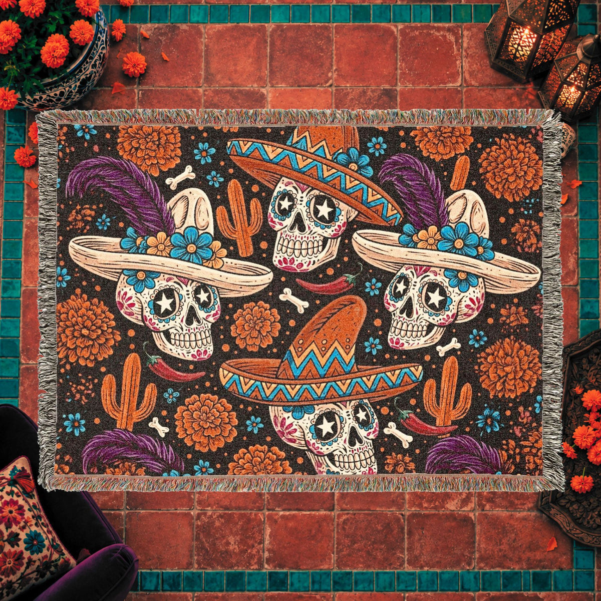 Day of the Dead Sugar Skull Woven Blanket with Sombreros and Marigolds