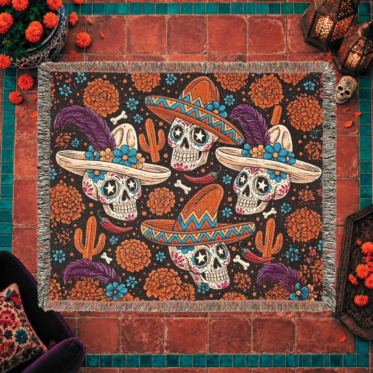 Day of the Dead Sugar Skull Woven Blanket with Sombreros and Marigolds
