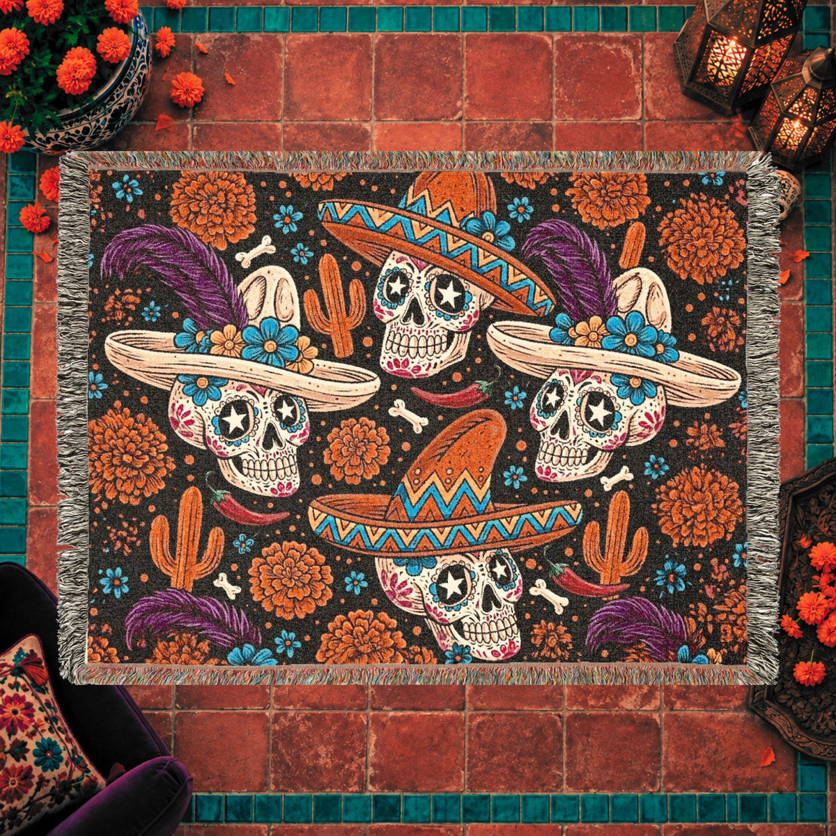 Day of the Dead Sugar Skull Woven Blanket with Sombreros and Marigolds