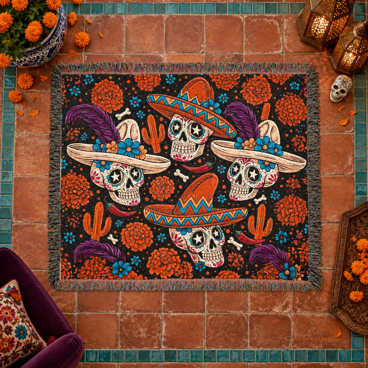 Day of the Dead Sugar Skull Woven Blanket with Sombreros and Marigolds