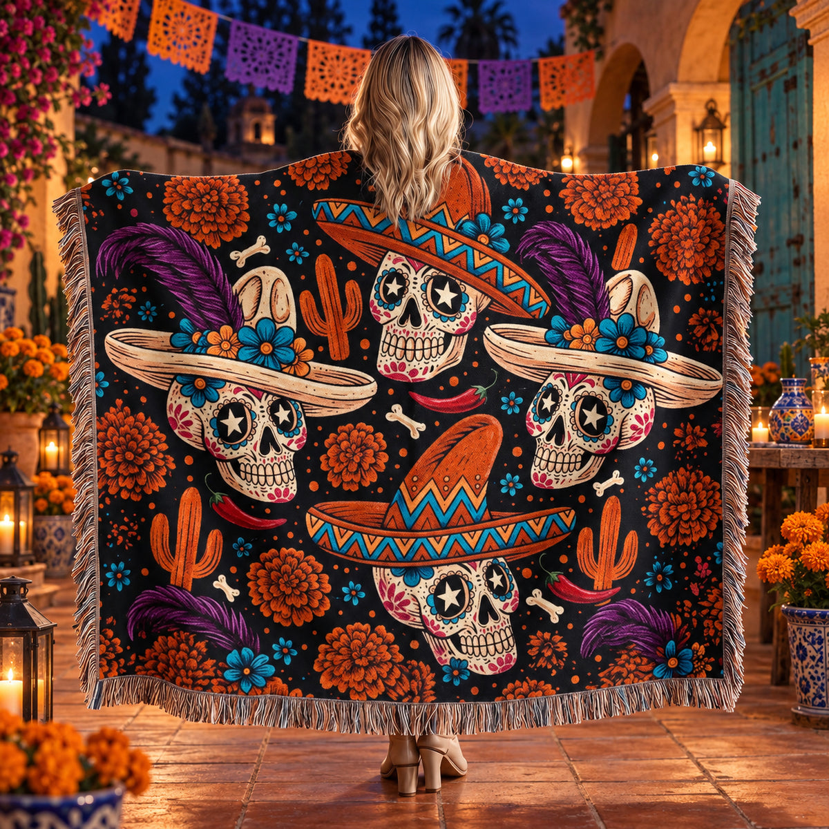 Day of the Dead Sugar Skull Woven Blanket with Sombreros and Marigolds