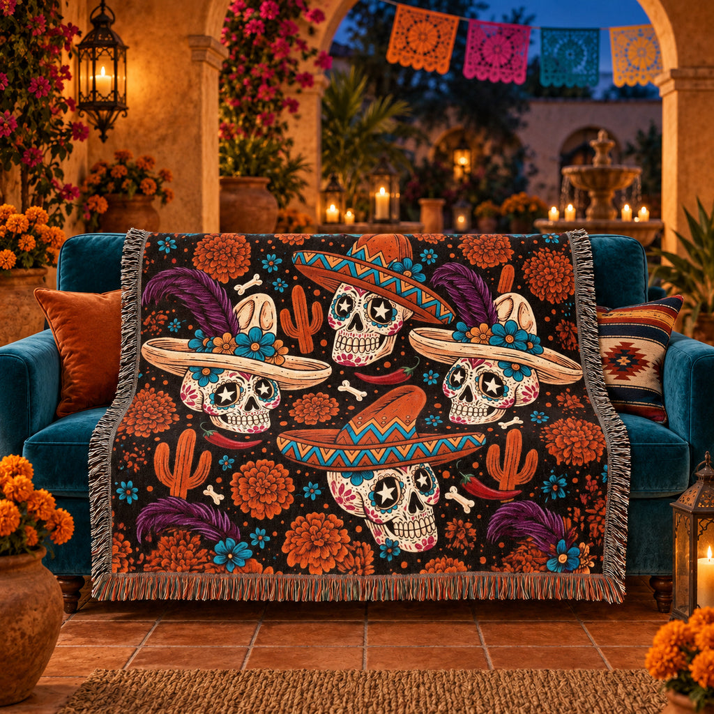 Day of the Dead Sugar Skull Woven Blanket with Sombreros and Marigolds