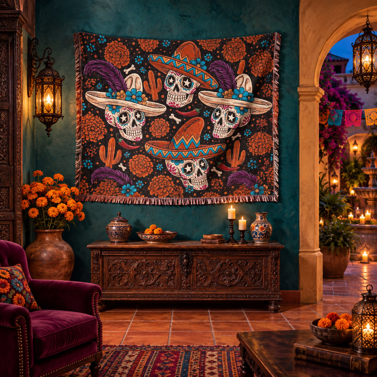 Day of the Dead Sugar Skull Woven Blanket with Sombreros and Marigolds