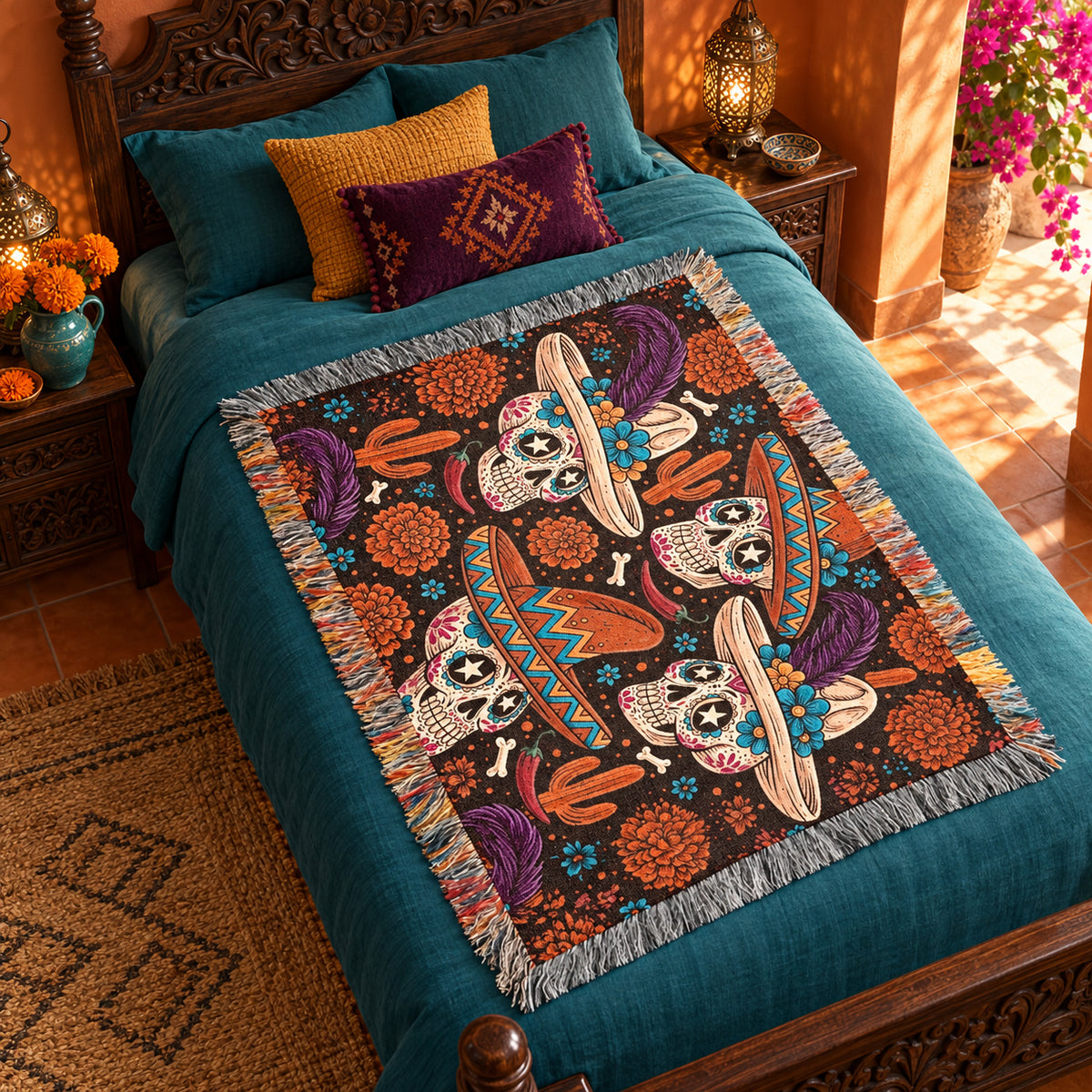 Day of the Dead Sugar Skull Woven Blanket with Sombreros and Marigolds