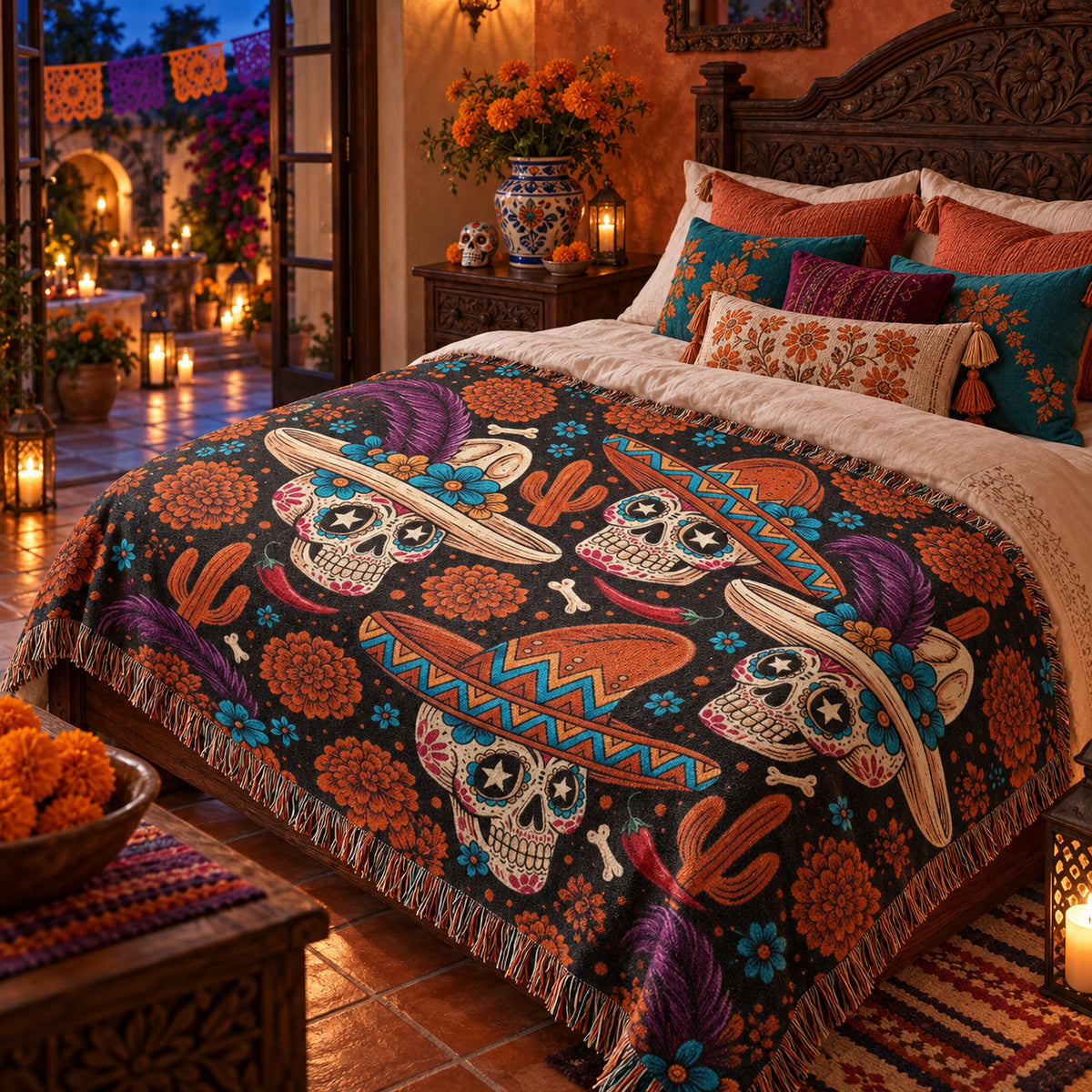 Day of the Dead Sugar Skull Woven Blanket with Sombreros and Marigolds