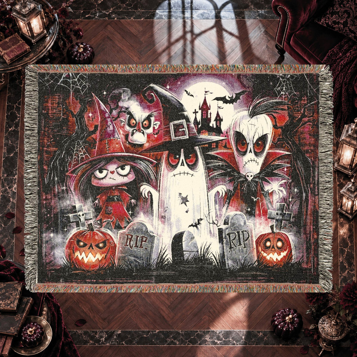 Cute Gothic Halloween Woven Blanket with Ghosts, Witch, Pumpkins and Haunted Castle