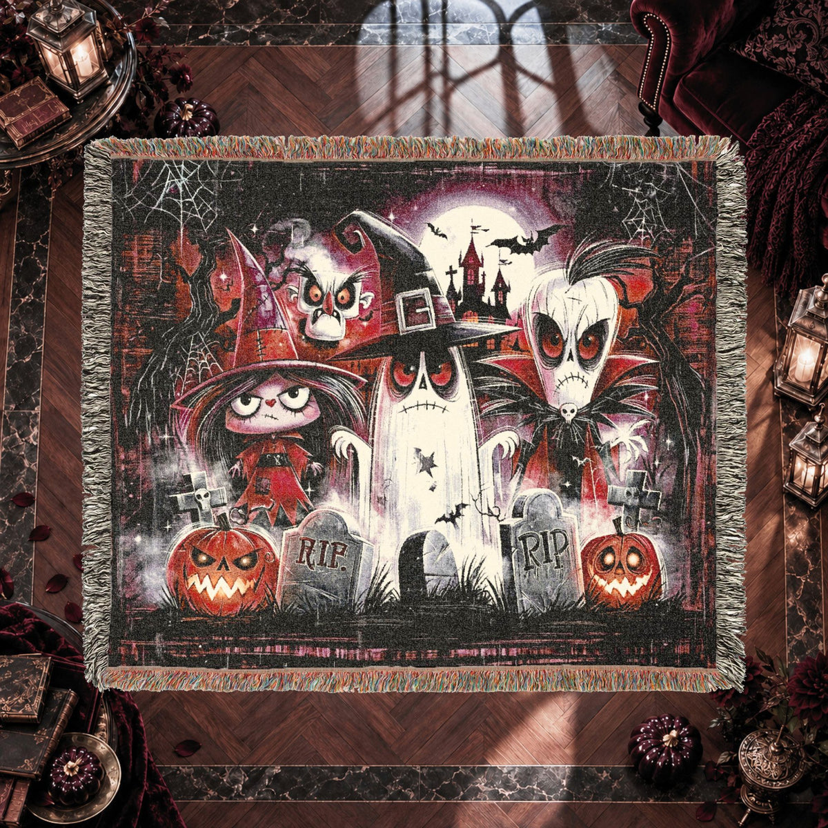 Cute Gothic Halloween Woven Blanket with Ghosts, Witch, Pumpkins and Haunted Castle