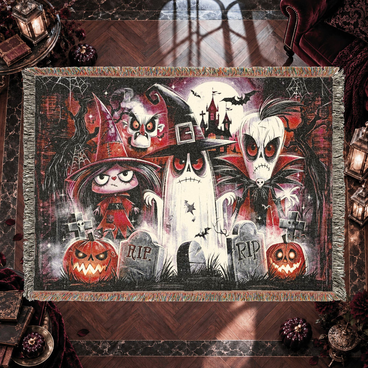 Cute Gothic Halloween Woven Blanket with Ghosts, Witch, Pumpkins and Haunted Castle
